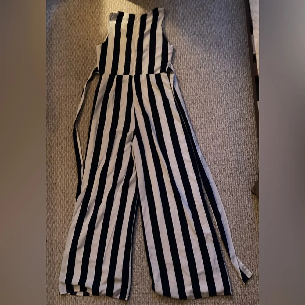 Shinestar NAVY and White Striped Jumpsuit with Bust Button and Zipper - Picture 2 of 5